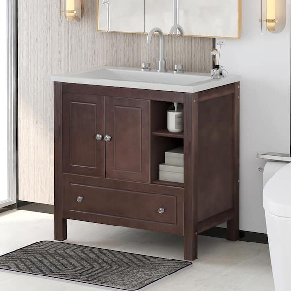 Staykiwi 30 in. W x 18 in. D x 32 in. H Single Sink Freestanding Bath Vanity in Brown with White Ceramic Top