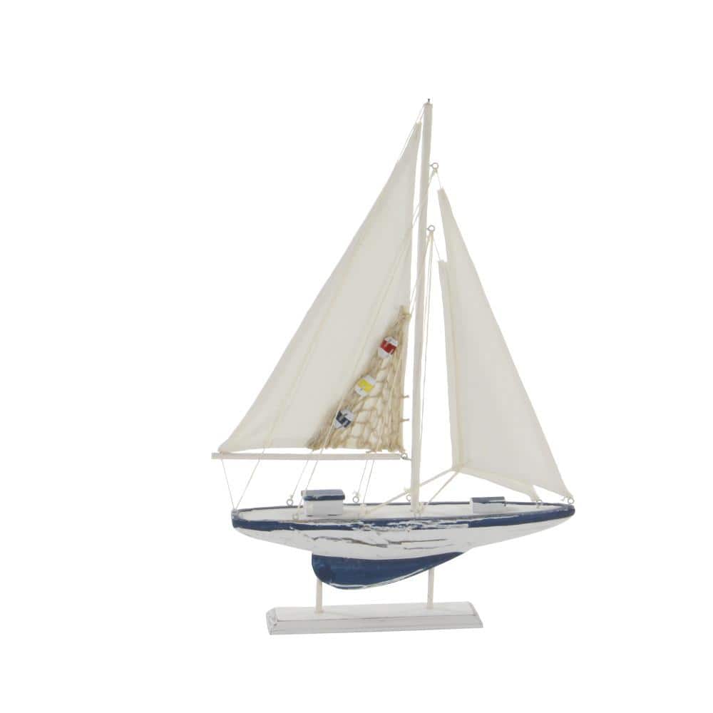 White and Blue Pine Wood Nautical Sail Boat Sculpture Set