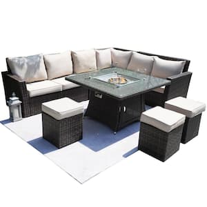 Aulis Brown 8-Piece Wicker Patio Fire Pit Conversation Sofa Set with Beige Cushions