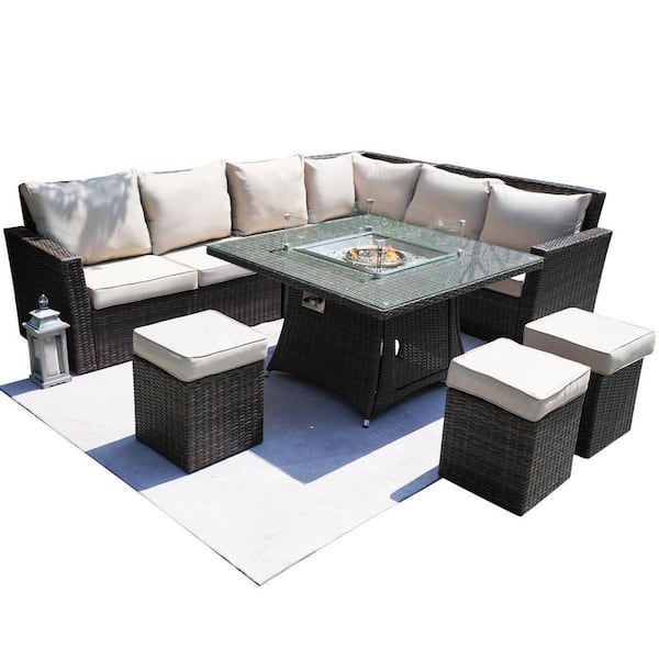 moda furnishings Aulis Brown 8-Piece Wicker Patio Fire Pit Conversation Sofa Set with Beige Cushions