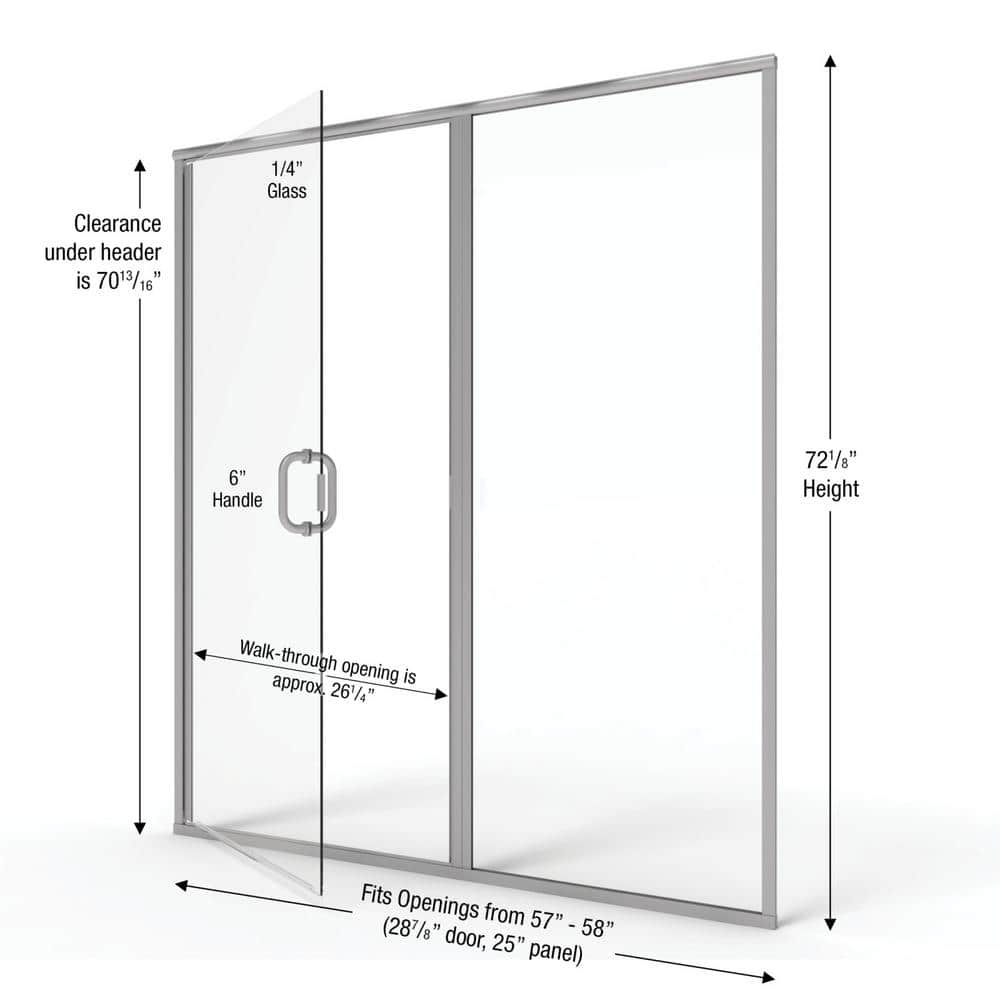 Infinity 58" Semi-Frameless Hinged Shower Door in Brushed Nickel with Clear Glass