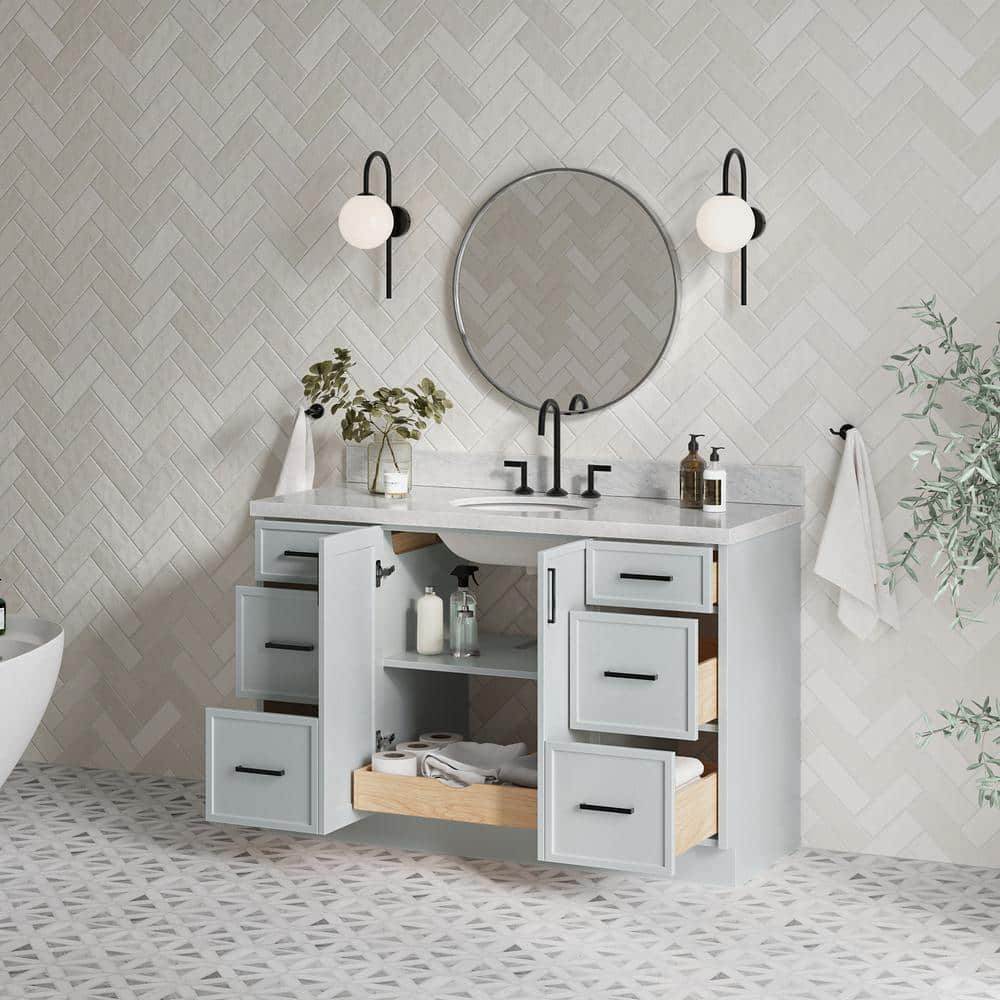 Gray Single Sink Bathroom Vanity with Italian Carrara Marble Top