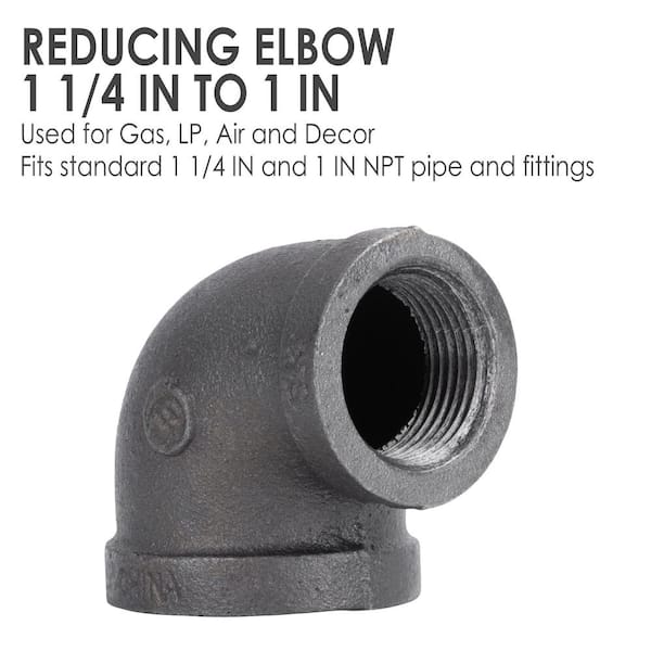1-1/4" X 1/2" BSP Reducing Elbow 90° Female/Female Black Malleable Iron Fitting 