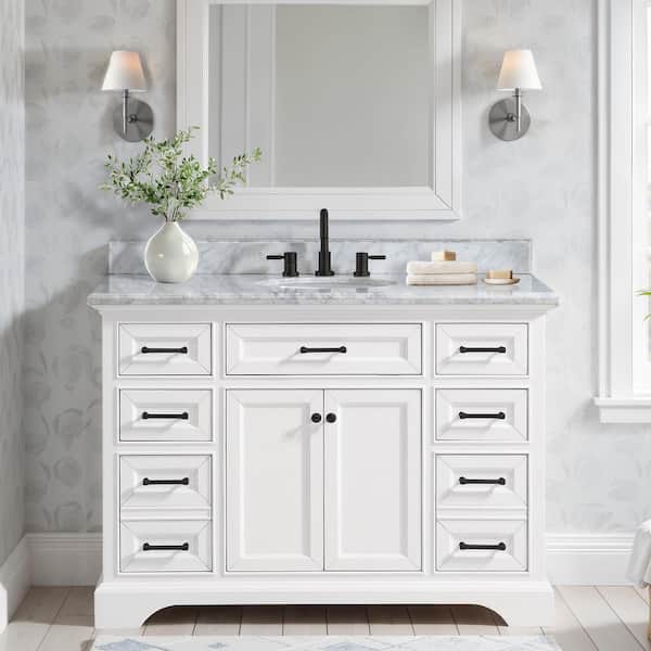 Windlowe 49 in. Single Sink White Bath Vanity with White Carrara Marble Top and Additional Black hardware