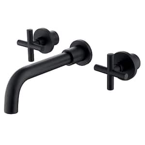 Double-Handle Wall Mounted Bathroom Faucet Brass 3-Holes Bathroom Sink Vanity Faucets in Matte Black