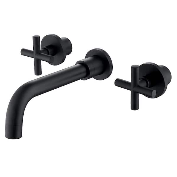 FLG Double-Handle Wall Mounted Bathroom Faucet Brass 3-Holes Bathroom Sink Vanity Faucets in Matte Black