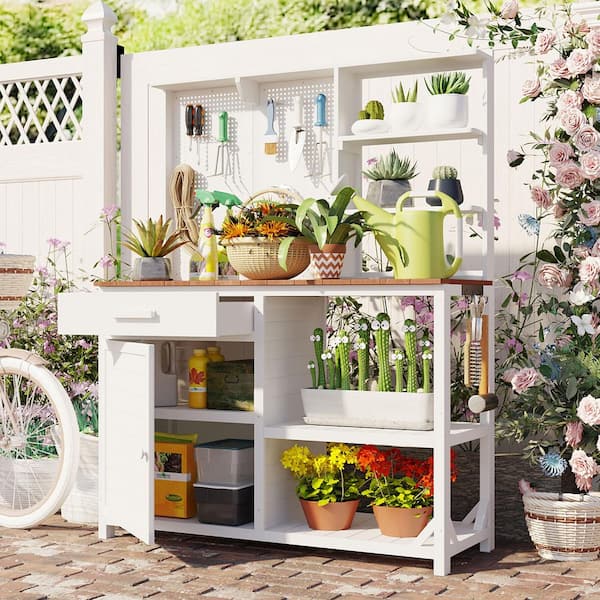 Rustic White 50.2 in. W x 65.7 in. H Fir Wood Potting Bench with