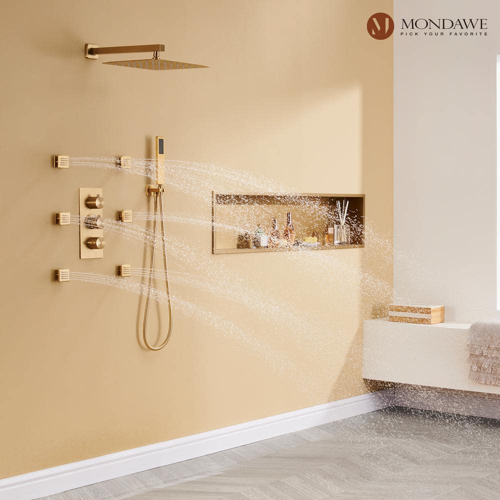 Brushed Gold Dual Square Wall Mounted Shower System with Body Jets