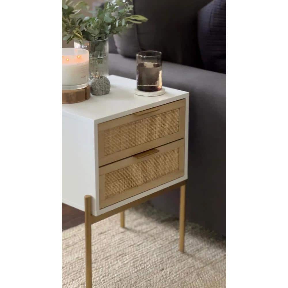 White and Gold Rattan 2-Drawer End Table with Metal Legs