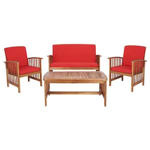 Rocklin Natural 4-Piece Wood Patio Conversation Set with Red Cushions