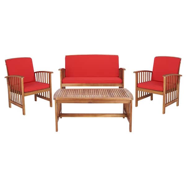 SAFAVIEH Rocklin Natural 4-Piece Wood Patio Conversation Set with Red Cushions