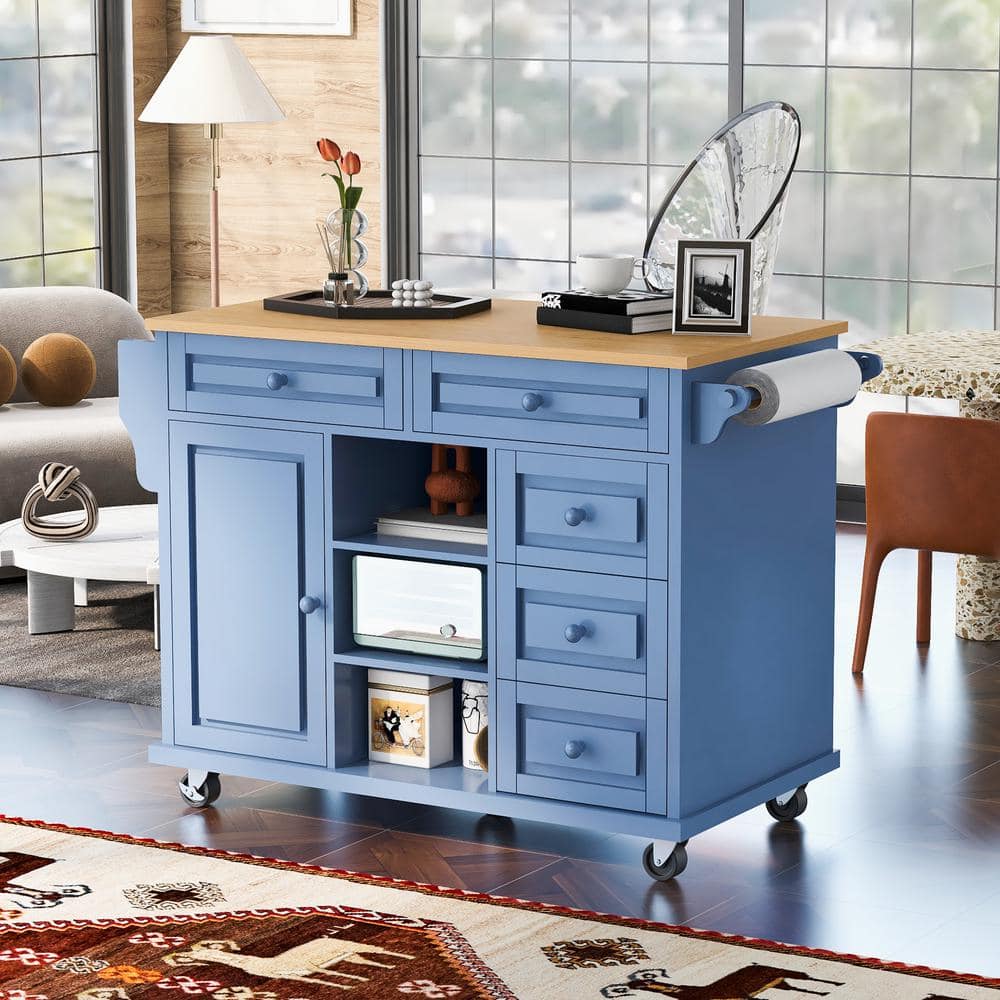 53 in. Blue Rubber Wood Top Kitchen Cart Island with Storage, 5-Drawers, Ro