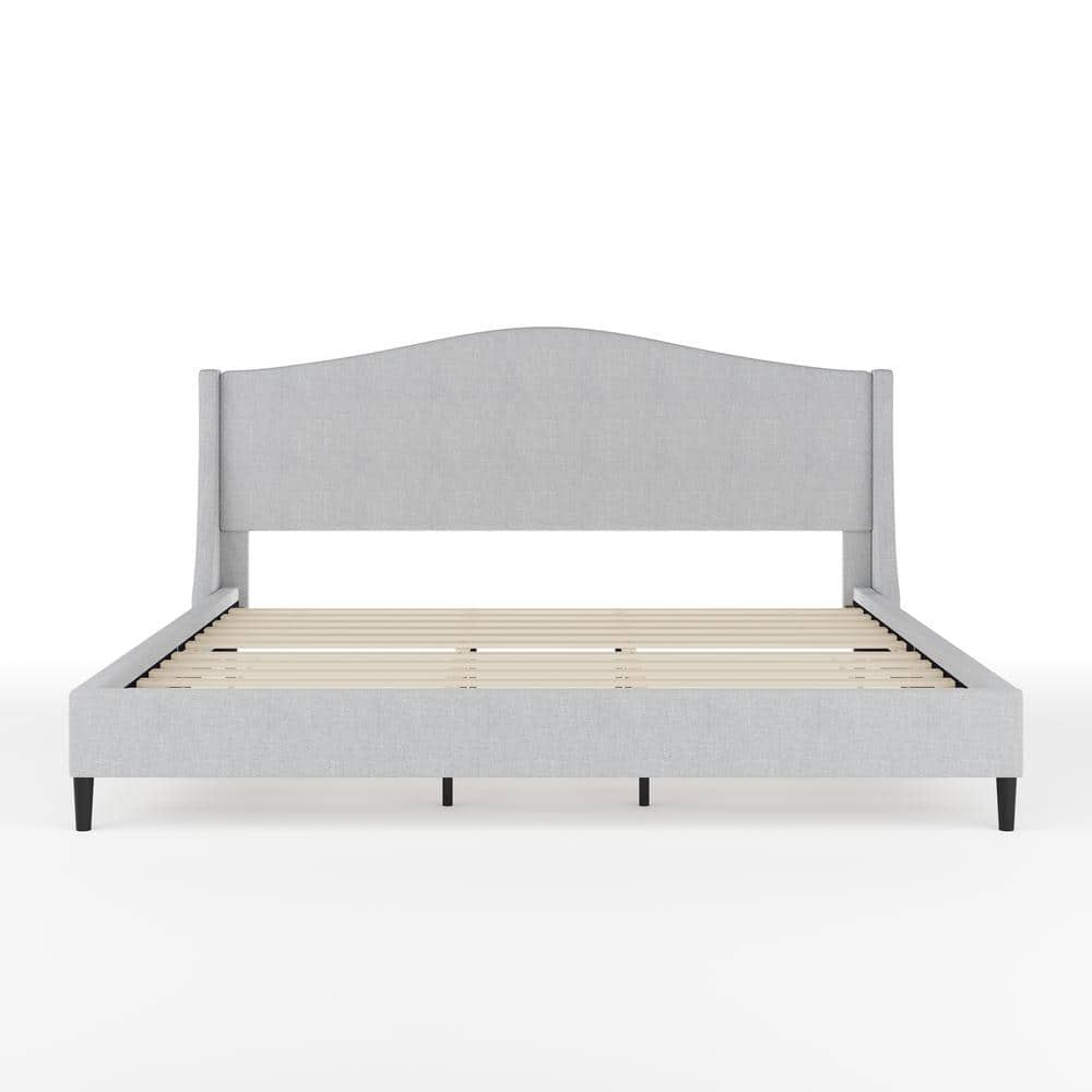 King Gray Linen Upholstered Platform Bed with Curved Headboard