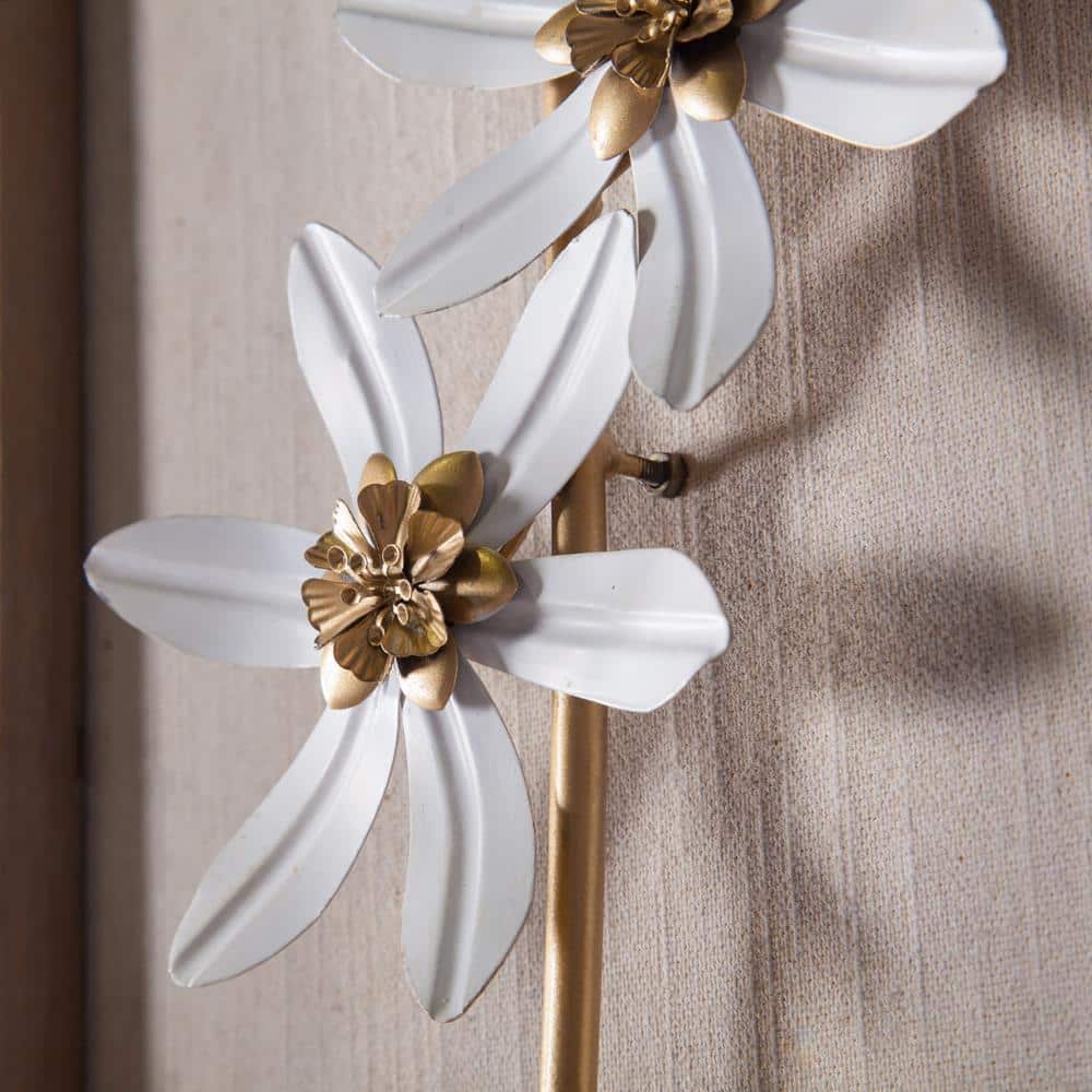 Set of 2 White and Gold Metal Flower Shadowbox with Wood Frame