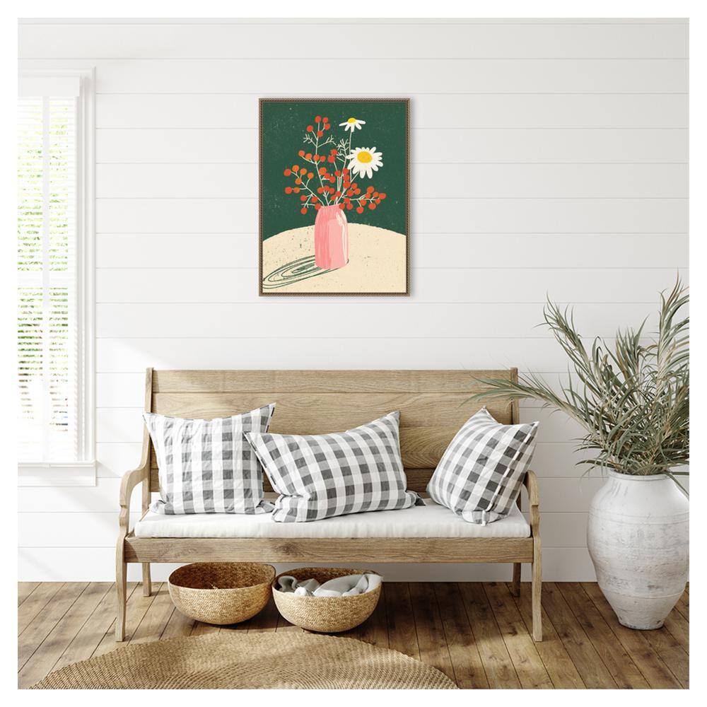 Beaded Bronze Framed Botanical Canvas Print with Pink Vase
