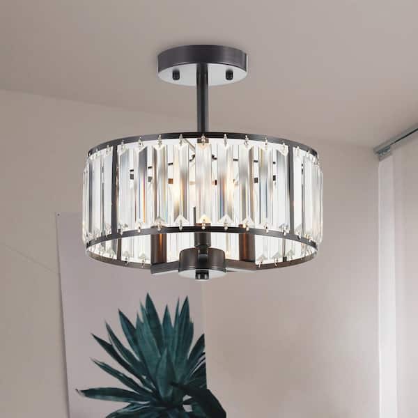 3-Lights Oil Rubbed Bronze Crystal Chandelier Semi Flush Mount with Crystal Drum