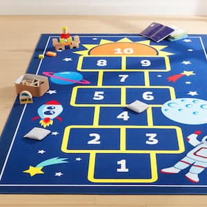 Imagine Hopscotch Space Blue/Yellow 6 ft. x 9 ft. Kid's Washable Area Rug