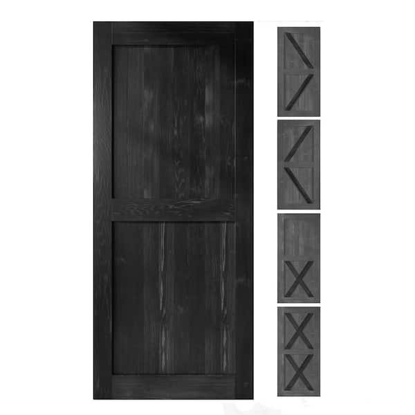 HOMACER 54 in. x 80 in. 5 in. 1 Design Black Solid Natural Pine Wood Panel Interior Sliding Barn Door Slab Frame