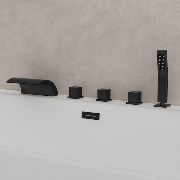 3 Handle Deck Mount Waterfall Roman Tub Faucet with Hand Shower and Anti Scald in Matte Black