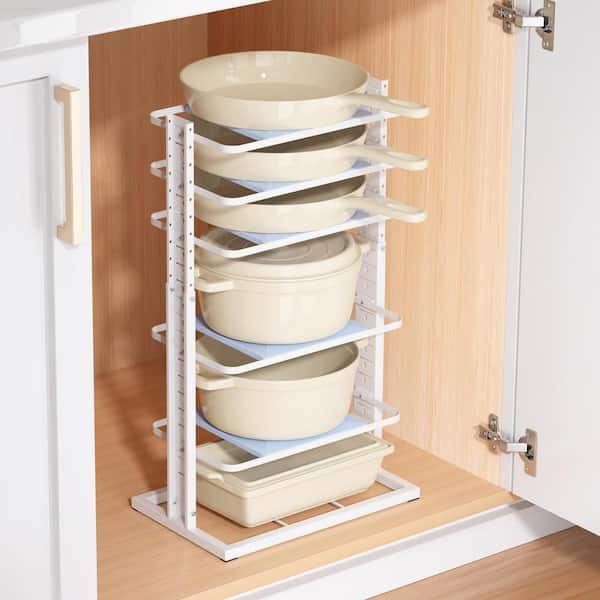 6-Tier White Standing Pot Rack for Pots and Pans Organizer inside Cabinet, Adjustable 14 to 24.57 in. Holds up to 12