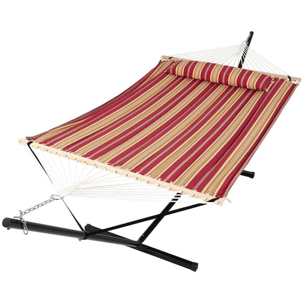 Atesun 12 ft. Free Standing, 475 lbs. Capacity, Heavy-Duty 2-Person Hammock with Stand and Detachable Pillow in Red Stripes