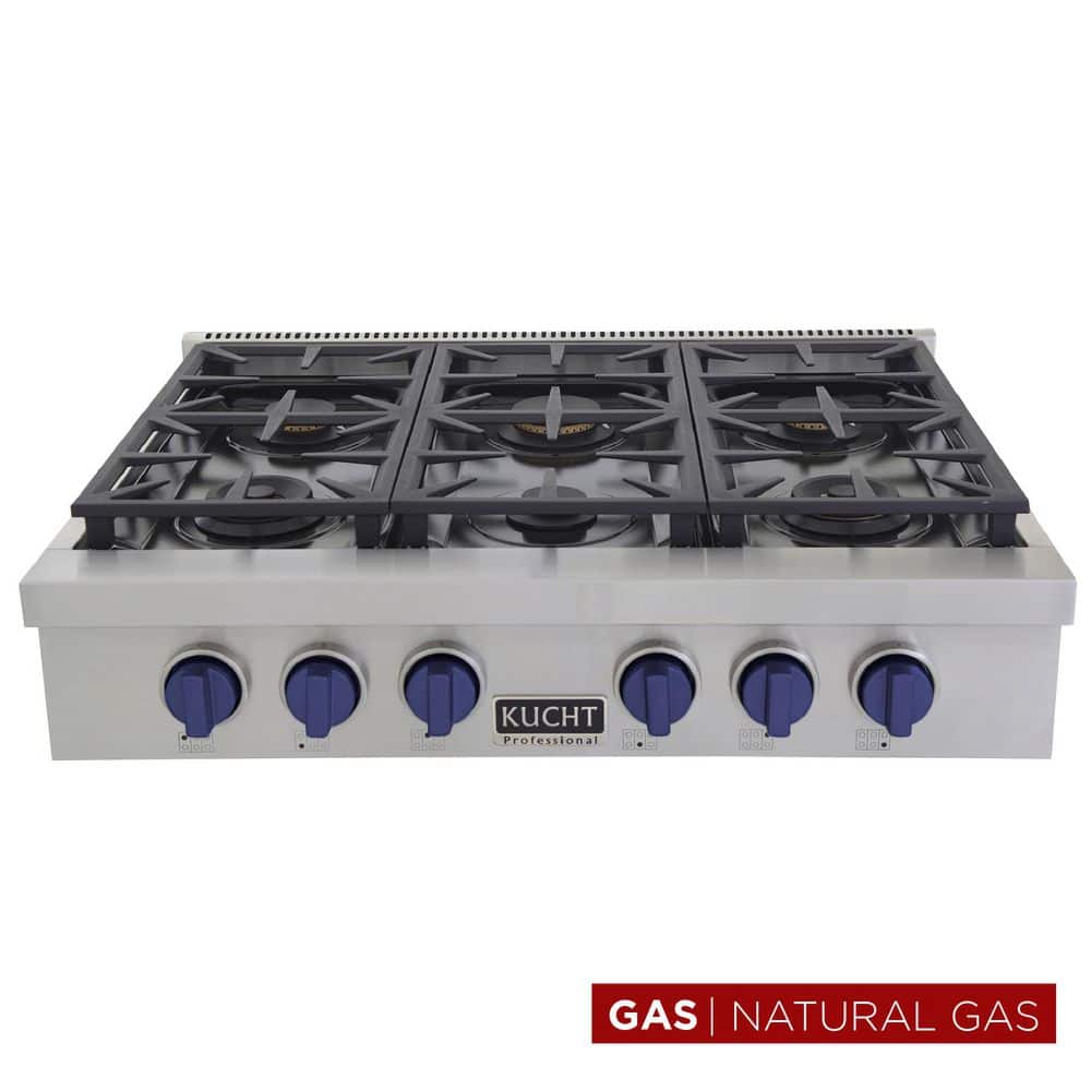 Professional 36 in. Natural Gas Range Top in Stainless Steel and Royal Blue Knobs with 6 Burners