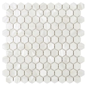 Mother of Pearl White 11.62 in. x 11.82 Honeycomb Glossy Natural Seashell Mosaic Tile Sample