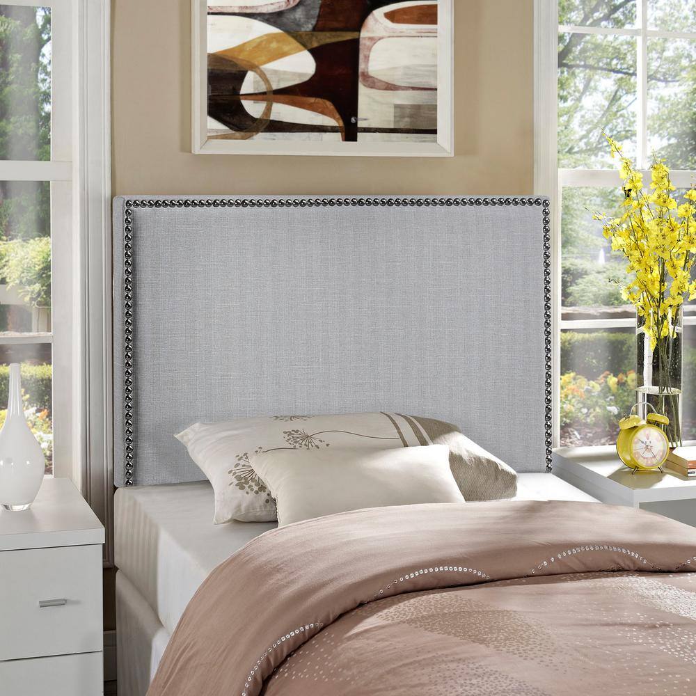 Sky Gray Linen Upholstered Twin Headboard with Nailhead Trim