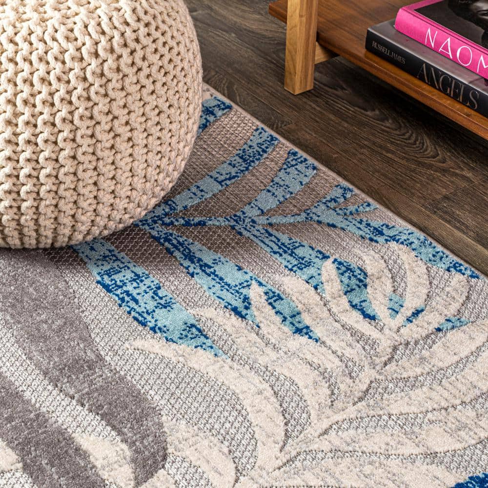 Gray and Blue Synthetic Palm Leaves 3' x 5' Area Rug
