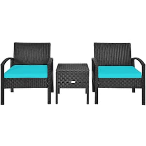 3-Pieces Wicker Outdoor Sectional Set with Turquoise Cushion