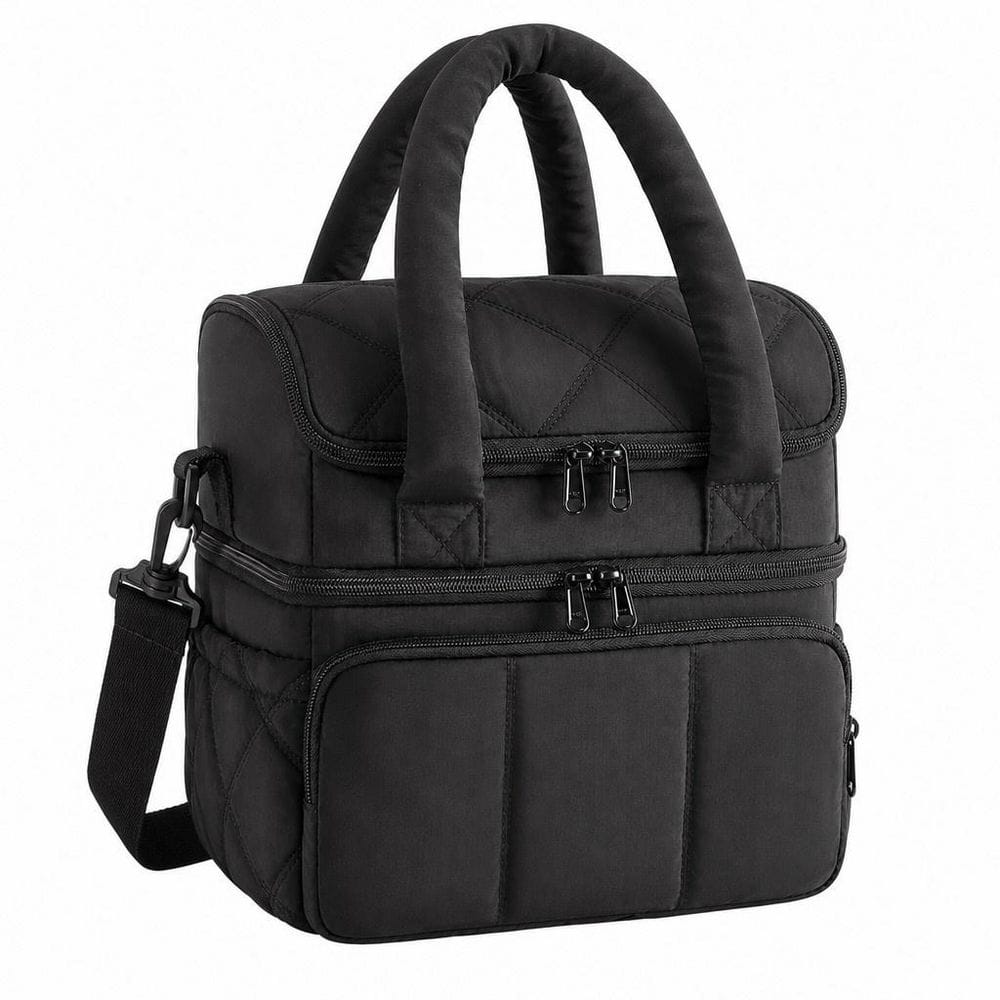 Black Lunch Bag, Double Deck Insulated Lunch Box, Quilted Puffer Lunch Tote, Leakproof, Durable Large Lunch Cooler