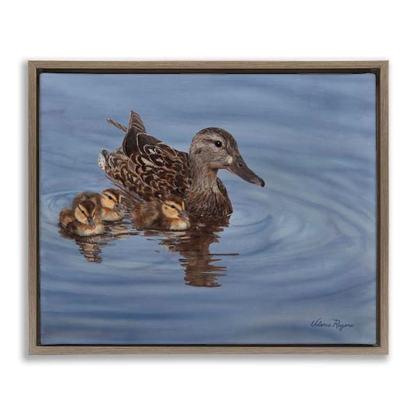 Stupell Industries Duck Family Ripples by Valerie Rogers Brown Floater Frame Animal Graphic Art Print 25 in. x 31 in.