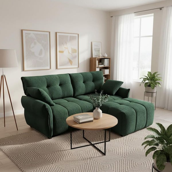 Homy Casa YOYO 78.7 in. Rolled Arm Chenille 3-Seater L-Shaped Tufted Sectional Sofa with Ottoman and Deep Seats in Emerald Green