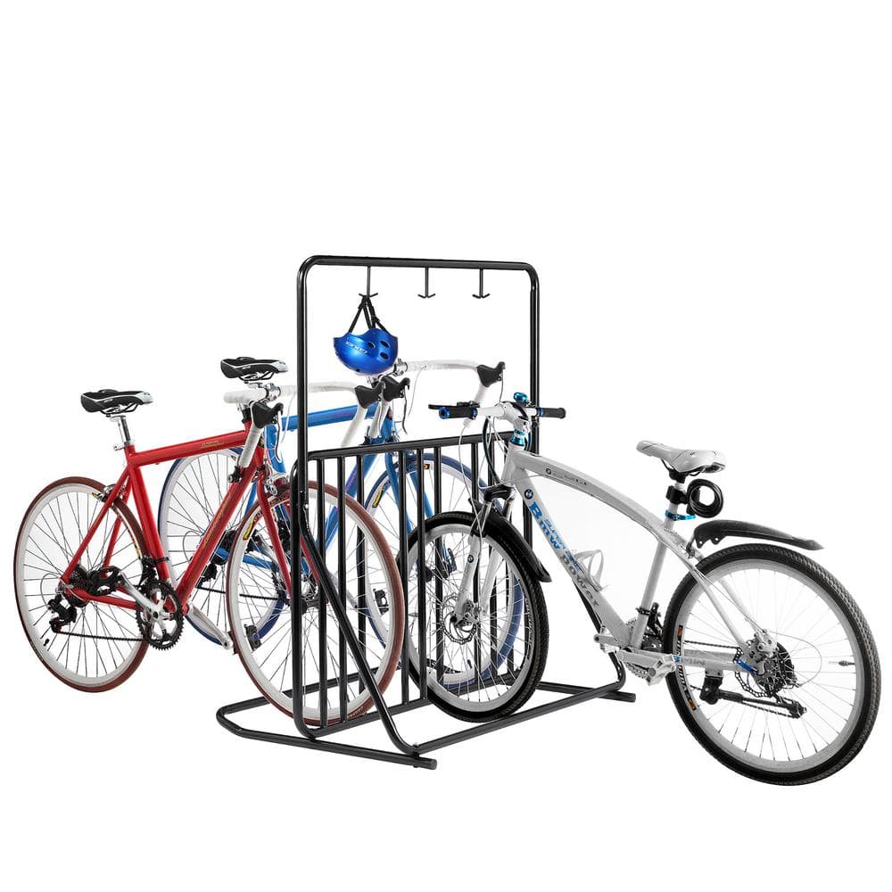 Black Dual-Sided Steel Freestanding Bike Rack with Helmet Hooks