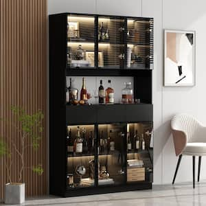 Black Wood 47.2 in. W Buffet Food Pantry W/Hutch, Glass Doors, Multiple Shelves, LED Lights (14.2 in. D x 78.7 in. H)