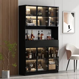 Black Wood 47.2 in. W Buffet Food Pantry W/Hutch, Glass Doors, Adjustable Shelves, LED Lights (14.2 in. D x 78.7 in. H)