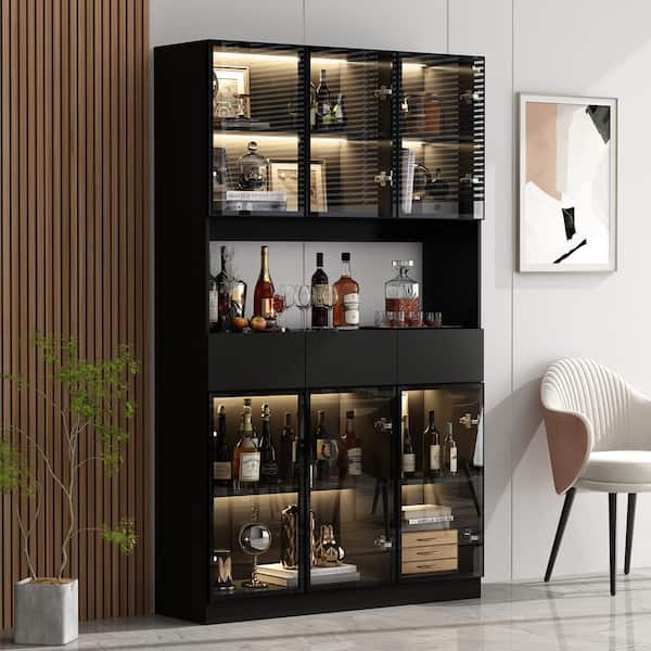 FUFU&GAGA Black Wood 47.2 in. W Buffet Food Pantry W/Hutch, Glass Doors, Adjustable Shelves, LED Lights (14.2 in. D x 78.7 in. H)