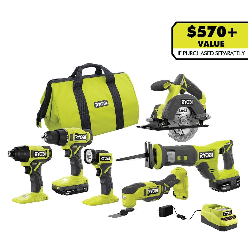 RYOBI ONE+ 18V 6-Tool Combo with 1.5 Ah 4.0 Ah Battery, and Charger PCL1600K2 - The Home Depot