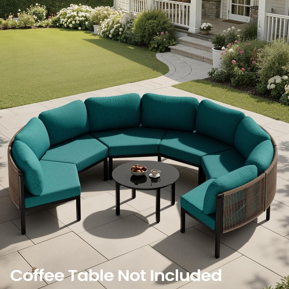 Fade Resistance 3-Piece 6-Seats Aluminum Outdoor Sectional Set Patio PE Wicker Curved Sofa with Malachite Green Cushions