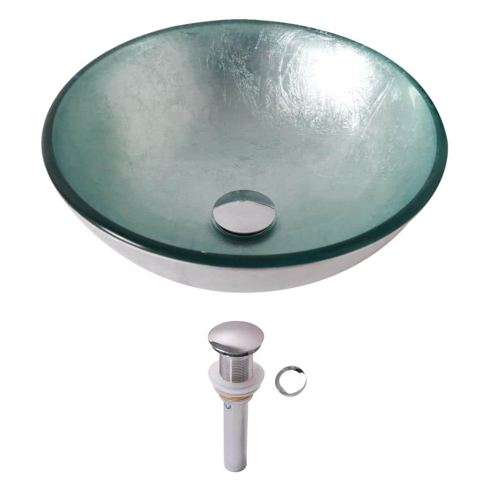 LORDEAR 15-9/16 in. x 15-9/16 in.Silver Glass Round Bathroom Vessel Sink Above Counter Artistic Basin Sink