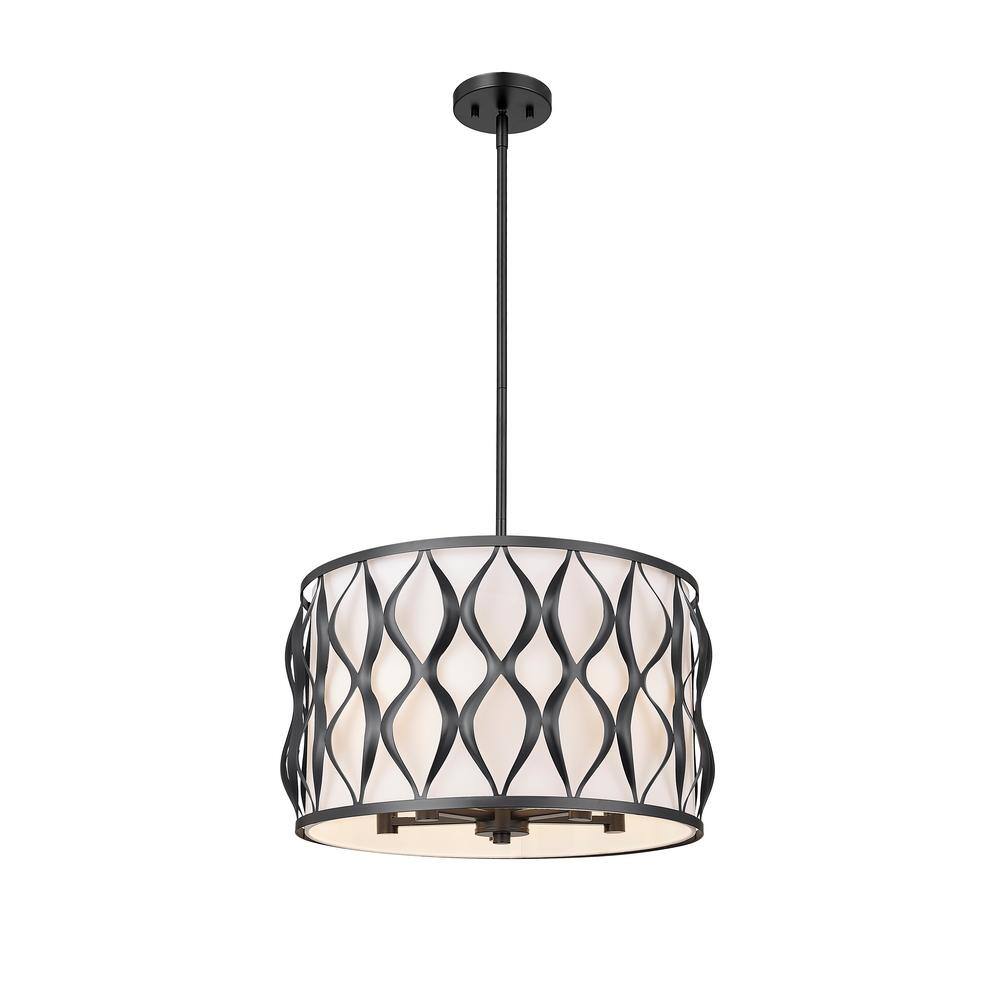 Harden Matte Black Steel Drum Pendant Light with White Fabric Shade