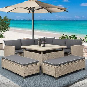 6-Piece Brown Wicker Patio Furniture Set Conversation Set with Table, Benches and Gray Cushions