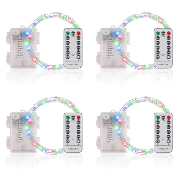 Feit Electric 100-Light 30 ft. Indoor/Outdoor Battery Operated Integrated LED Silver Wire RGB w/Remote Fairy String-Light (4-Pack)