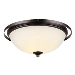 2-Light 14.17 in. Dark Bronze Semi- Flush Mount with Frosted White Glass Shade