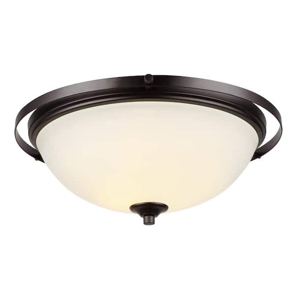 Globe Electric 2-Light 14.17 in. Dark Bronze Semi- Flush Mount with Frosted White Glass Shade
