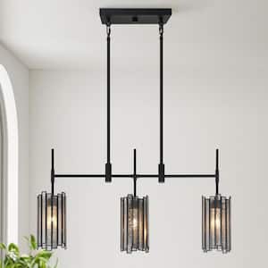 Modern 30 in. Flat Black Linear Chandelier with Drum Mercury Glass Shades Island Pendant for Dining Room, LED Compatible