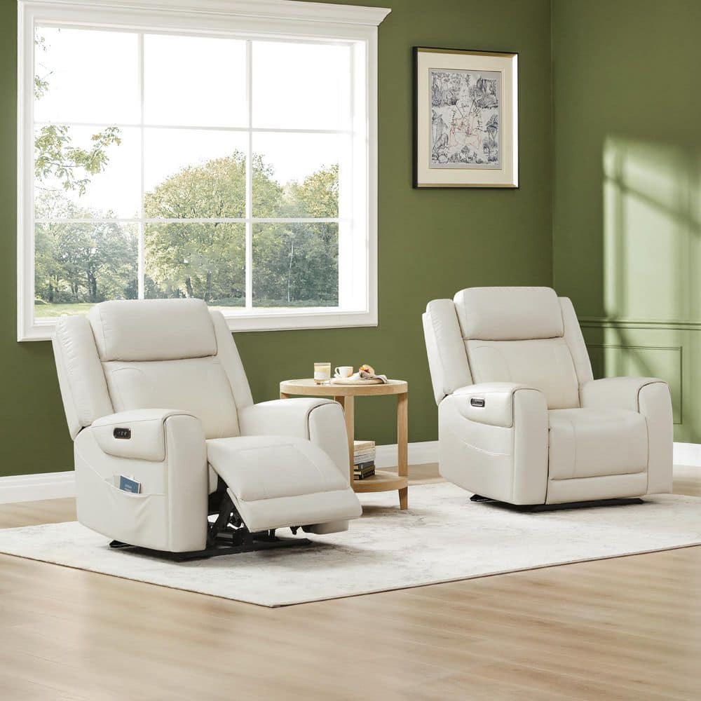 Rhea Dual Motors Cream Genuine Leather Wall Hugger Power Recliner with Cup Holders, Side Pockets, USB&Type-C Ports - thumbnail 9