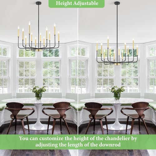 12-Light Black and Gold Modern Height Adjustable Candlestick Chandelier for Kitchen Island with No Bulbs Included Home