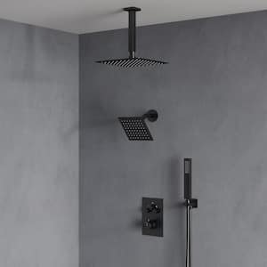 Triple-Button 7-Spray Rain Square 12 and 6 in. Dual Shower Head Fixed and Handheld Shower Head in Black(Valve Included)