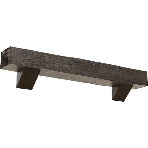 Ekena Millwork 4 in. x 8 in. x 3 ft. Rough Cedar Faux Wood Fireplace Mantel Kit with Breckinridge Corbels, Burnished Honey Dew
